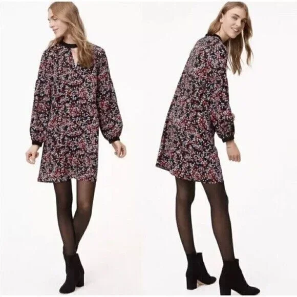 Loft Floral Berry Women’s Dress Size M Velvet Trim Keyhole Cut Out Long Sleeve - Picture 1 of 9